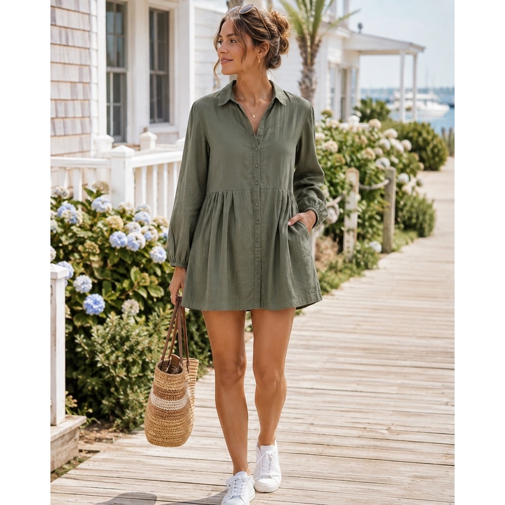 Shore Blakely Mini Dress Leaf Green Gingham Cotton Long Sleeve SW13149D S